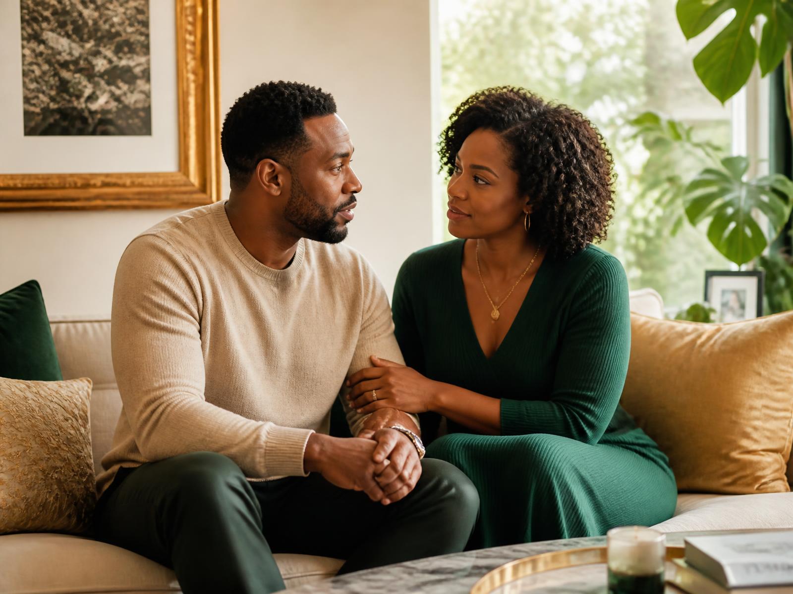 A couple sitting together on a sofa in a sunlit living room, talking calmly