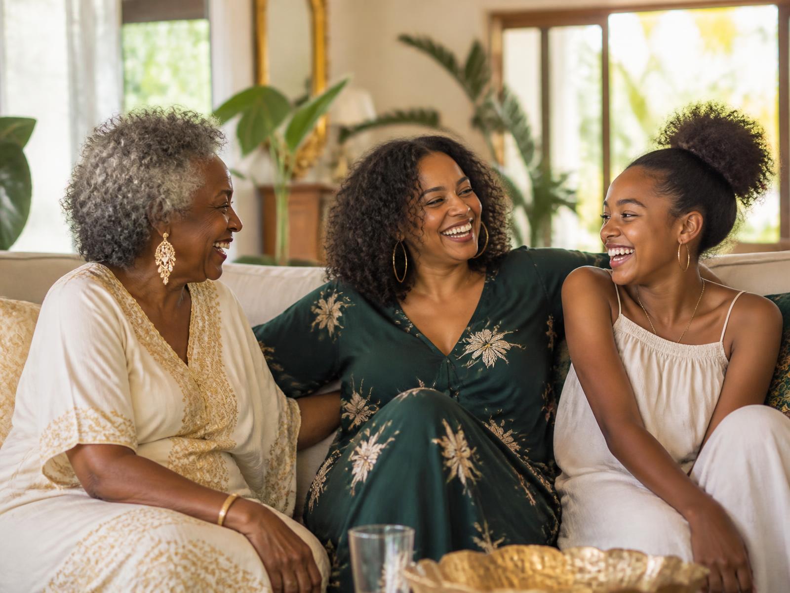 Three generations of a Caribbean family laughing together on a sofa in a sunlit living room